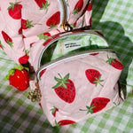 Load image into Gallery viewer, Two small pouches with strawberry pattern on a green checkered background
