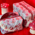 Load image into Gallery viewer, Two fabric bags with a mushroom design on a red background
