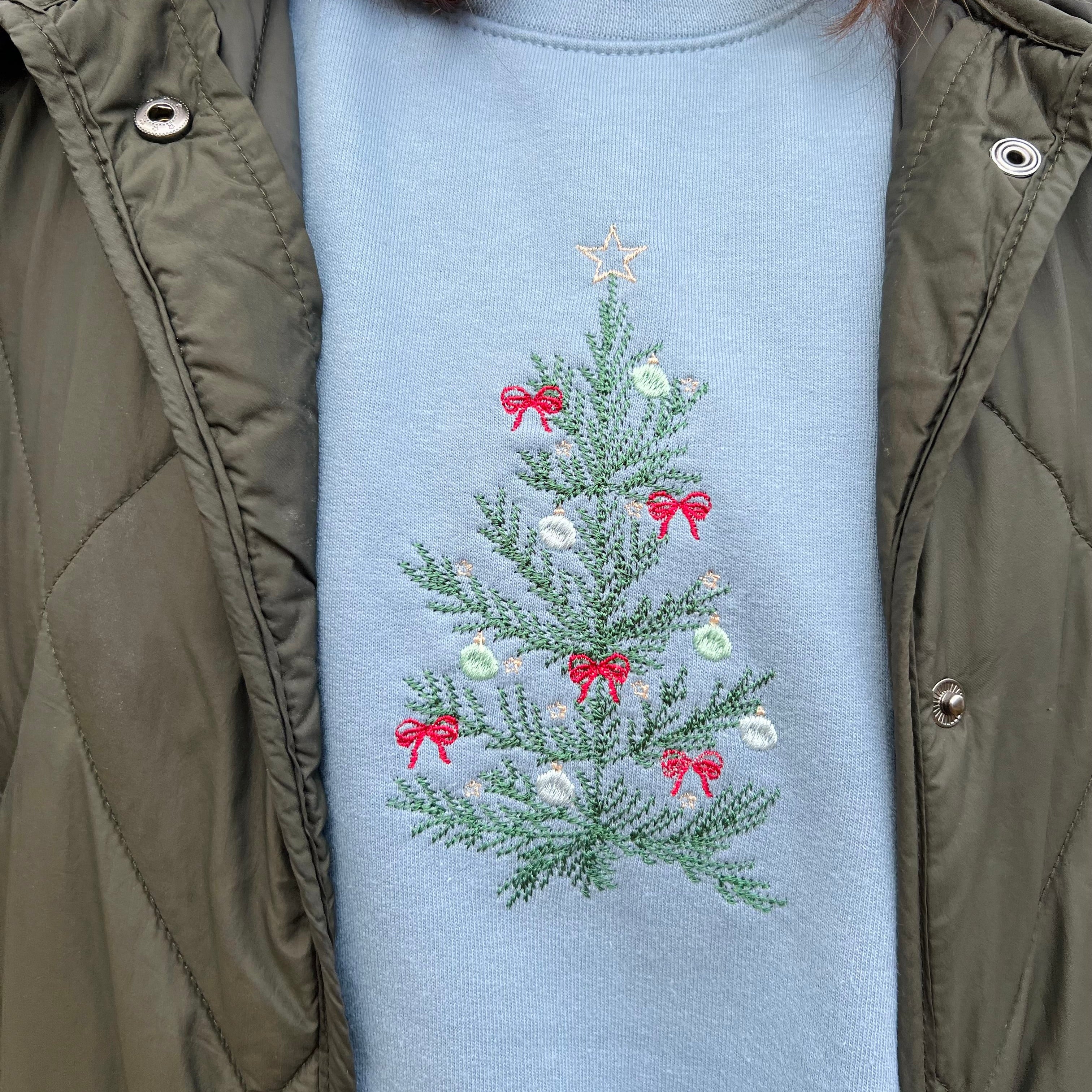 Light blue sweater with a Christmas tree design worn by a person in a green jacket.