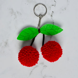 Double Cherry Pom Pom Keychain